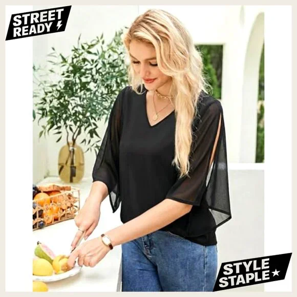 3/4 Sleeve V-Neck Chiffon Blouse Double Layer Casual Dressy Top - Picture 4 of 7